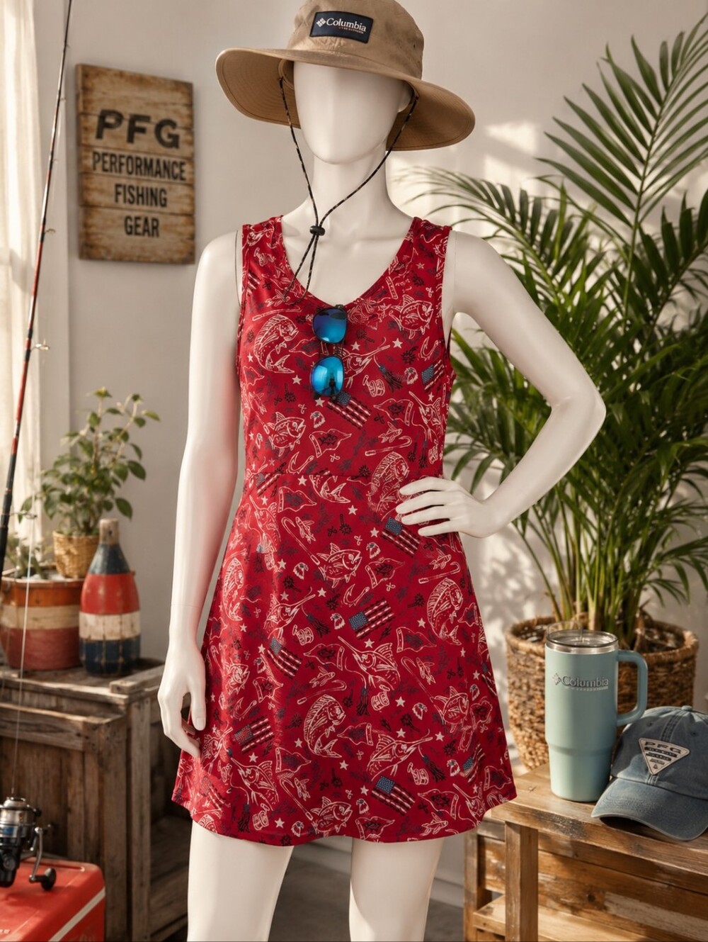 Columbia PFG Red Patriotic Fishing Fish Print Sleeveless Dress S
